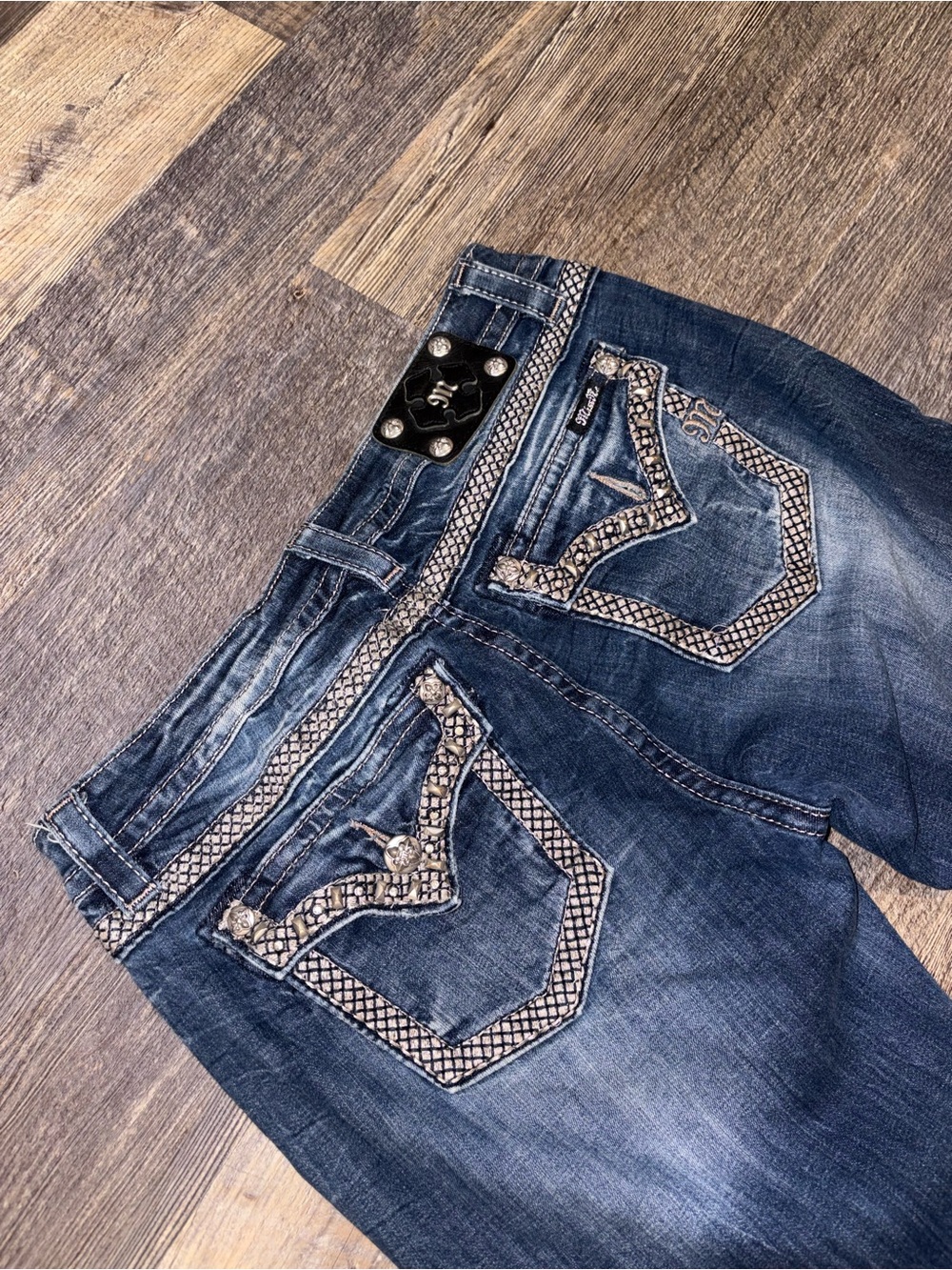 Moussy Dark Blue Embellished Back-Pocket Bootcut Jeans - Picture 3 of 11